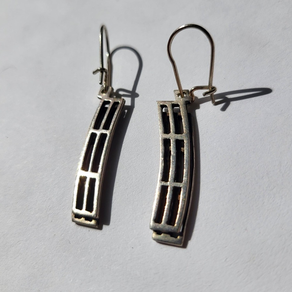 925 Sterling Silver Geometric Art Deco Drop Earrings Vintage